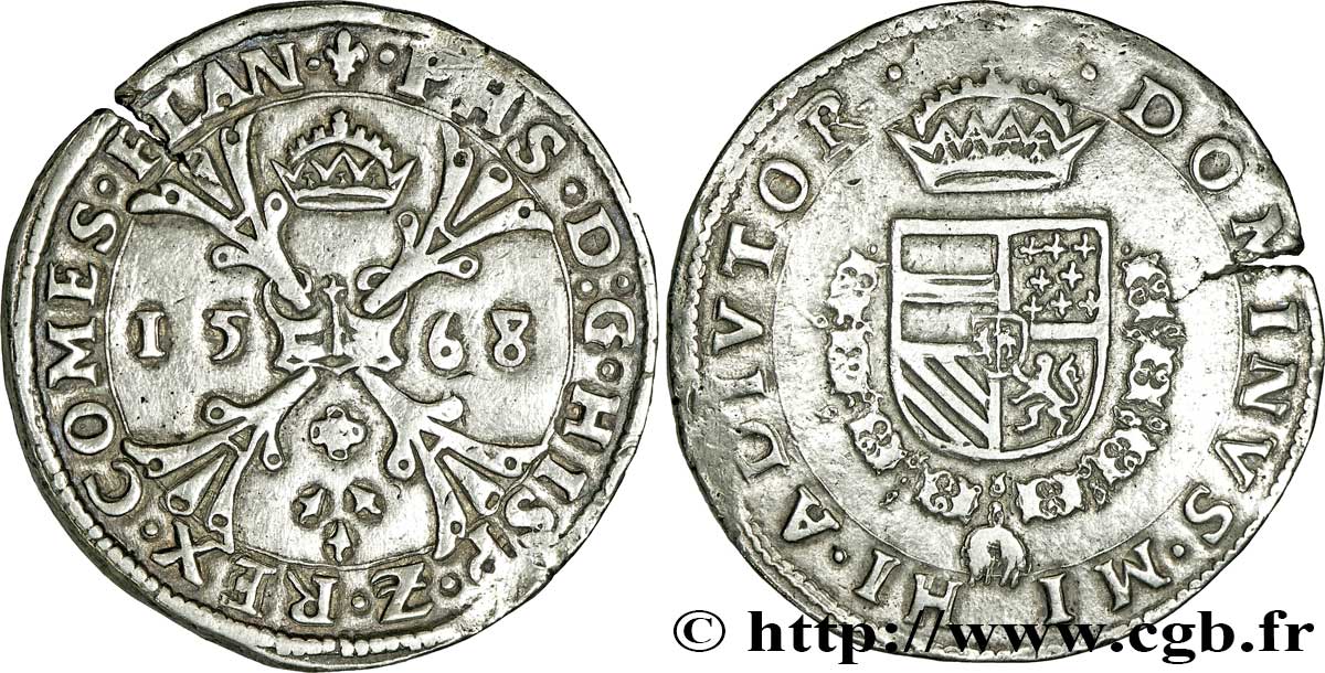 BELGIQUE - PAYS-BAS ESPAGNOLS 1 Écu de Bourgogne Pays-Bas Espagnols pour Philippe II d’Espagne 1568 Bruges TB 