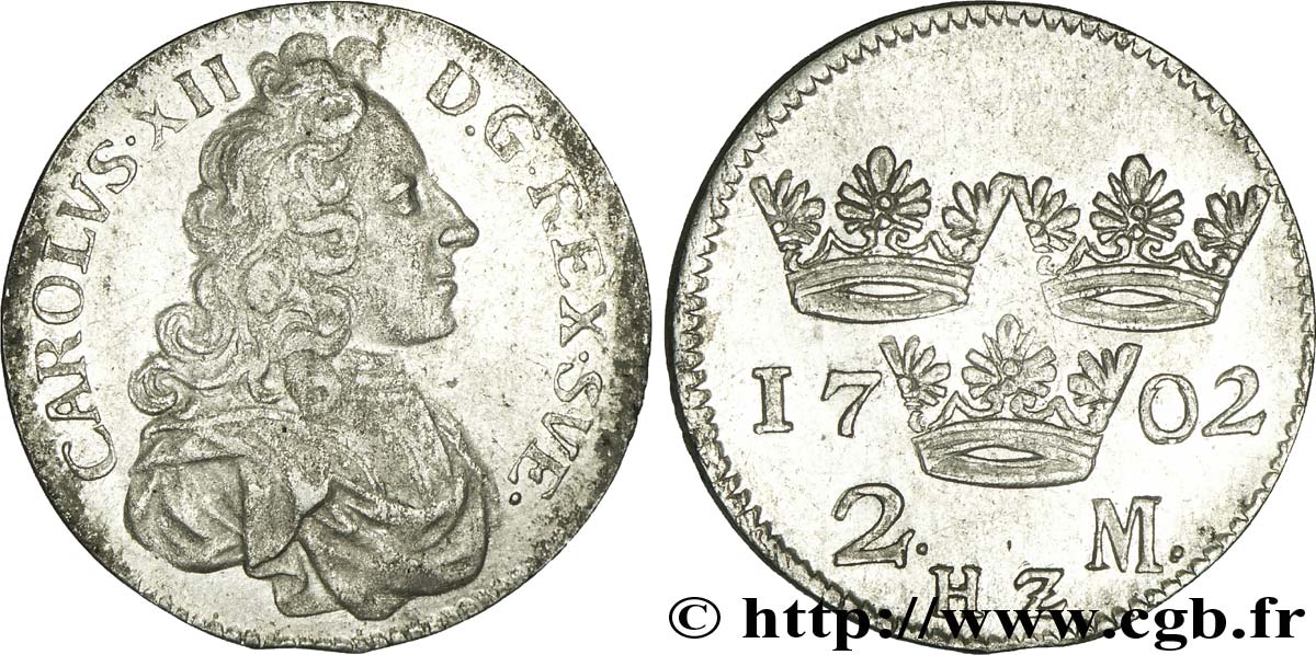 SUÈDE 2 Mark roi Charles XII / trois couronnes 1702 Stockholm SUP 