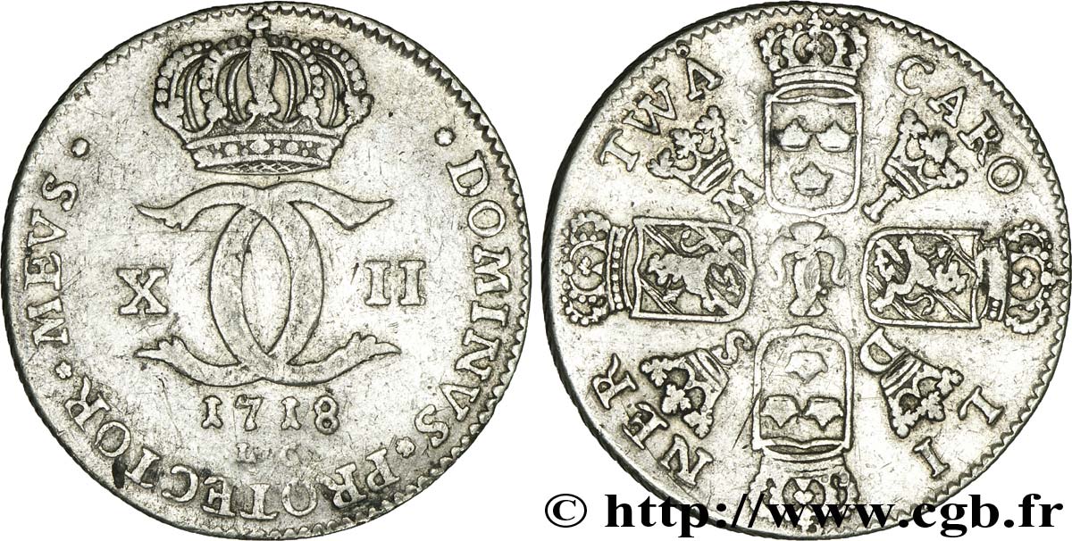 SUÈDE Double Carolin monogramme du roi Charles XII 1718 Stockholm TTB 