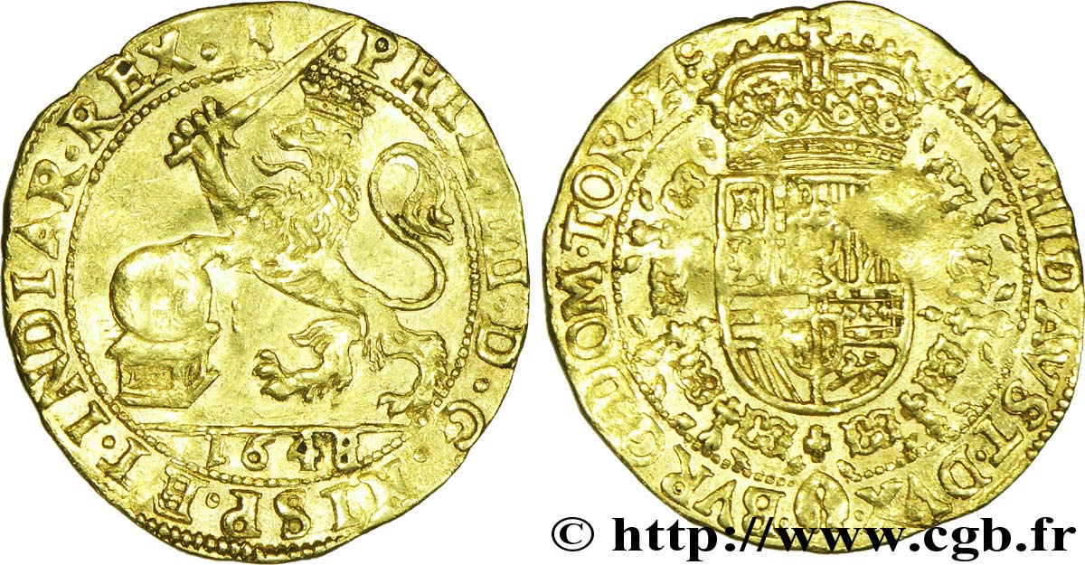 BELGIQUE - PAYS-BAS ESPAGNOLS 1 Souverain ou Lion d’or Pays Bas Espagnols (tournai)frappe au nom du roi Philippe IV d’Espagne 1648 Tournai TTB 