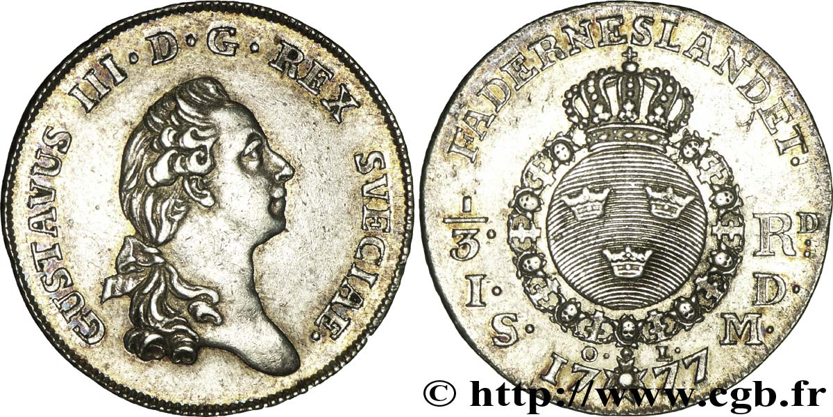 SUÈDE 1/3 Riksdaler, 1er type roi Gustave III / écu rond de Suède 1777 Stockholm TTB+ 
