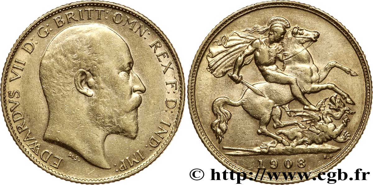 ROYAUME-UNI 1/2 Souverain Edouard VII / St Georges terrassant le dragon 1908 Londres TTB+ 