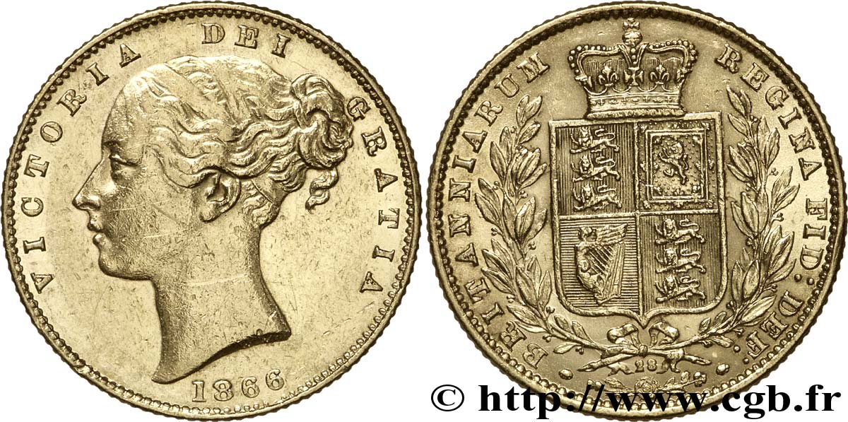 ROYAUME-UNI 1 Souverain Victoria buste jeune / blason variété avec numéro de coin, coin n°28 1866 Londres TTB+ 