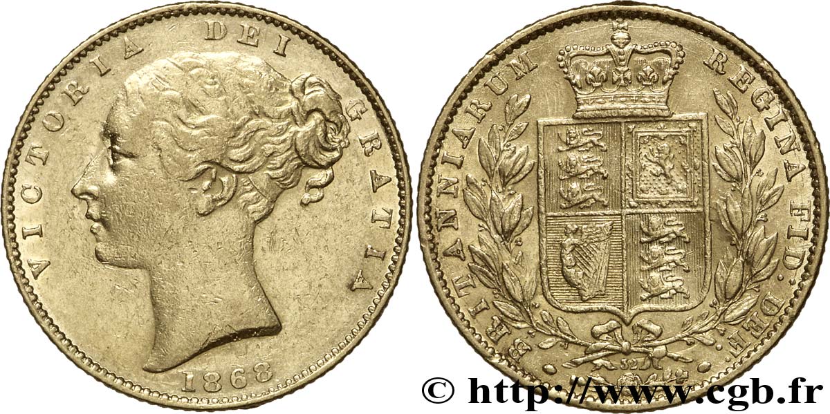 ROYAUME-UNI 1 Souverain Victoria buste jeune / blason variété avec numéro de coin, coin n°32 1868 Londres TTB+ 