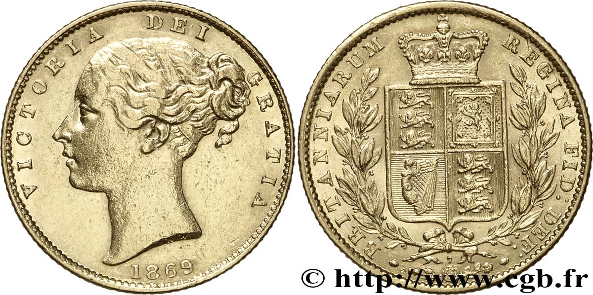 ROYAUME-UNI 1 Souverain Victoria buste jeune / blason variété avec numéro de coin, coin n°7 1869 Londres TTB+ 