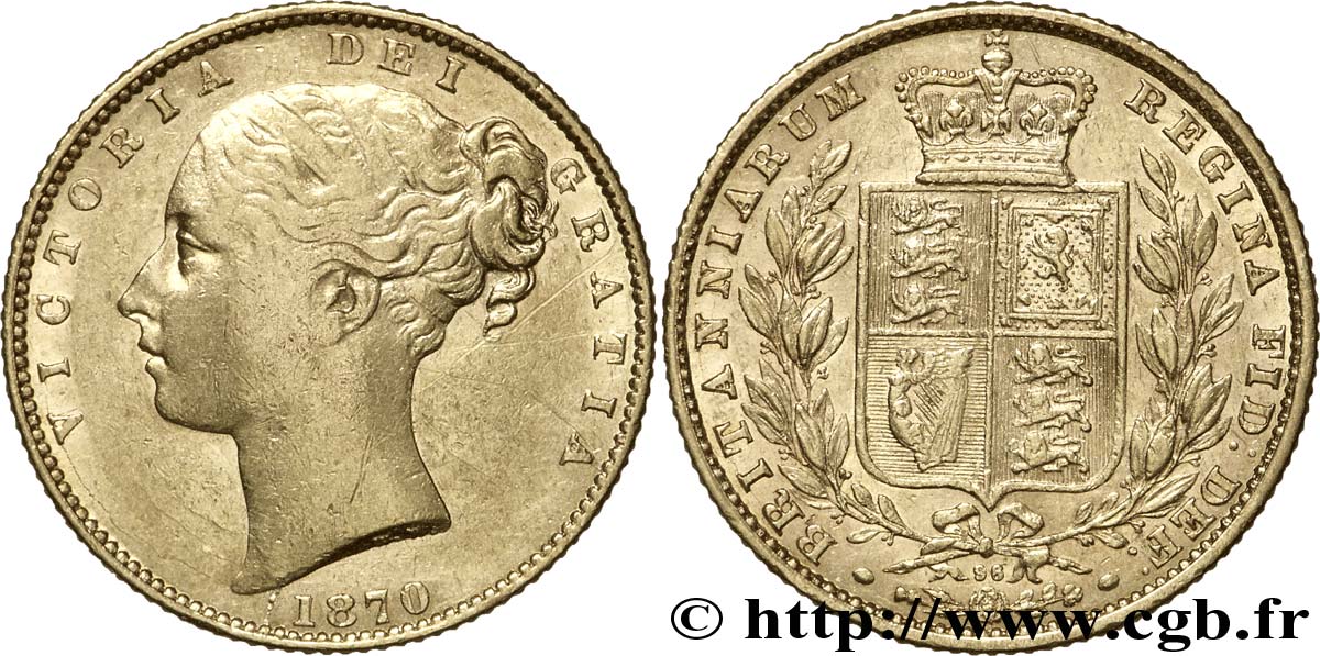 ROYAUME-UNI 1 Souverain Victoria buste jeune / blason variété avec numéro de coin, coin n°98 1870 Londres TTB+ 