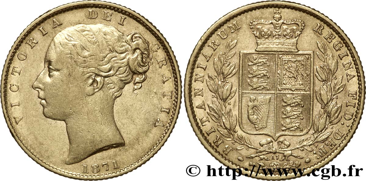 ROYAUME-UNI 1 Souverain Victoria buste jeune / blason variété avec numéro de coin, coin n°17 1871 Londres TTB+ 