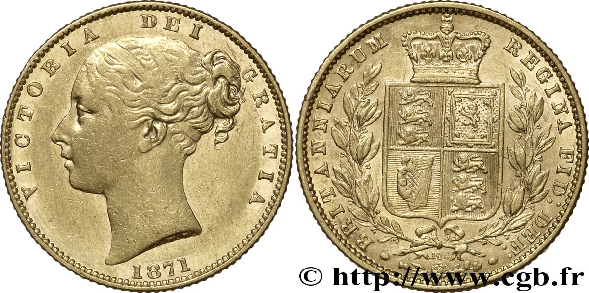ROYAUME-UNI 1 Souverain Victoria buste jeune / blason variété avec numéro de coin, coin n°105 1871 Londres TTB 