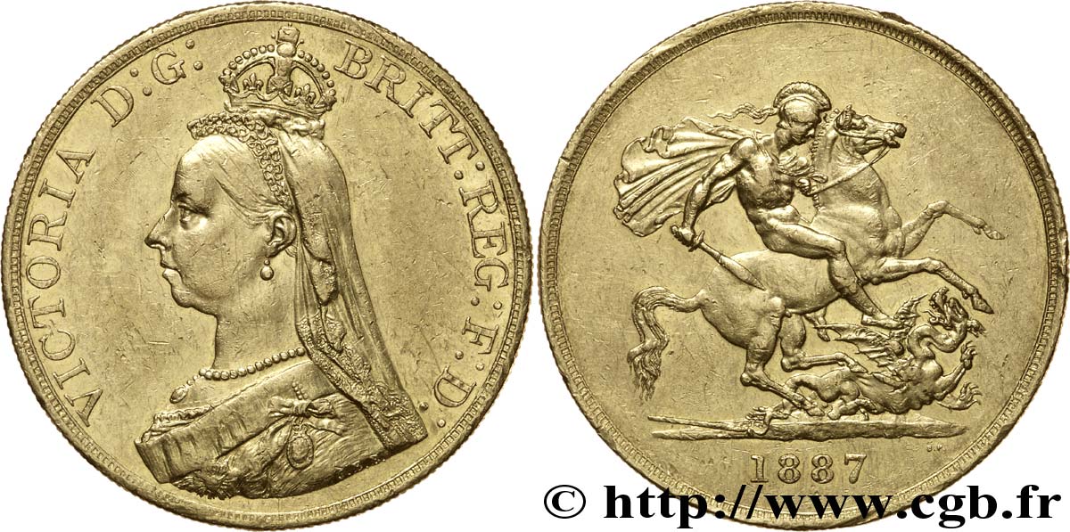 ROYAUME-UNI 5 Livres (Five pounds), Victoria  Jubilee head  / St Georges vterrassant le dragon 1887 Londres SUP 