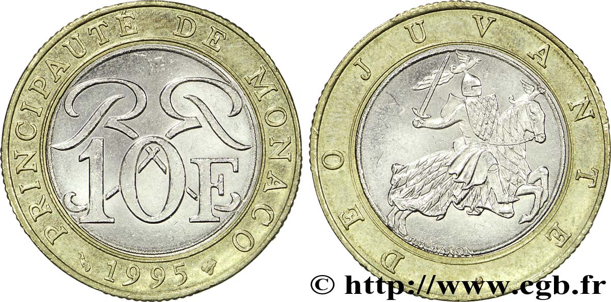 MONACO 10 Francs monogramme de Rainier III / chevalier en armes 1995 Paris SUP 
