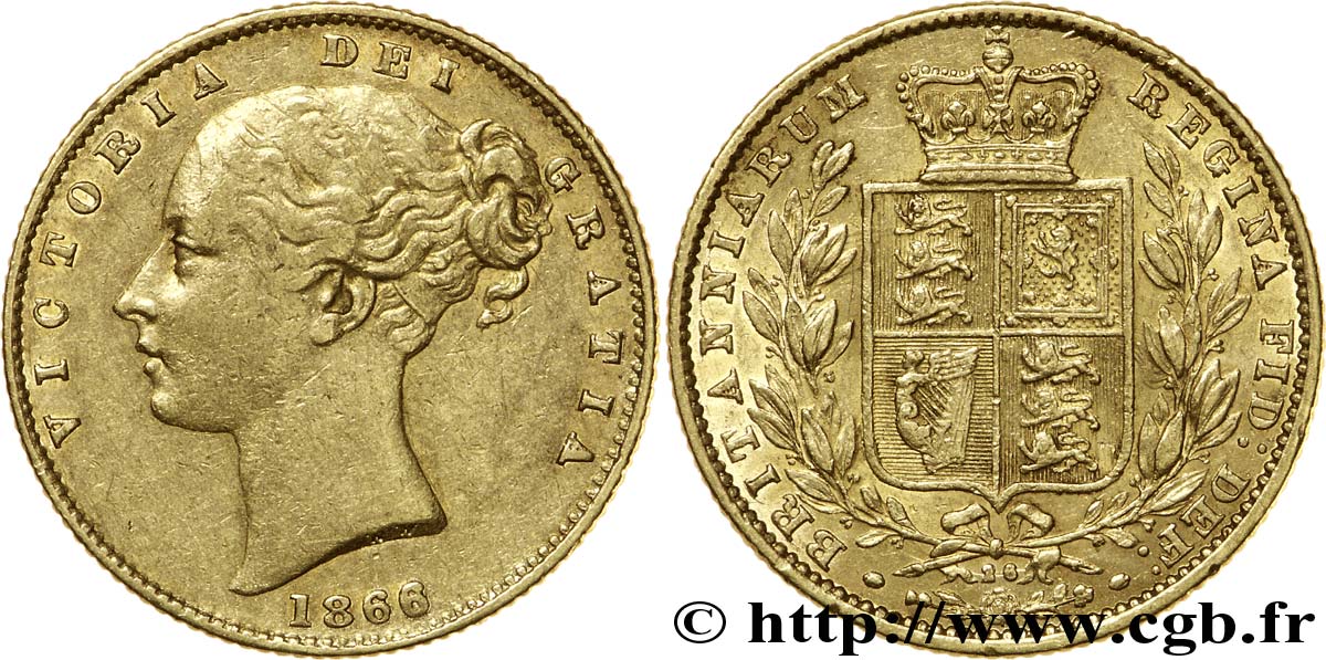 ROYAUME-UNI 1 Souverain Victoria buste jeune / blason variété avec numéro de coin, coin n°26 1866 Londres TTB 