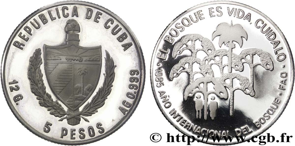 CUBA 5 Pesos année internationale de la forêt : emblème / arbres 1985  SPL 