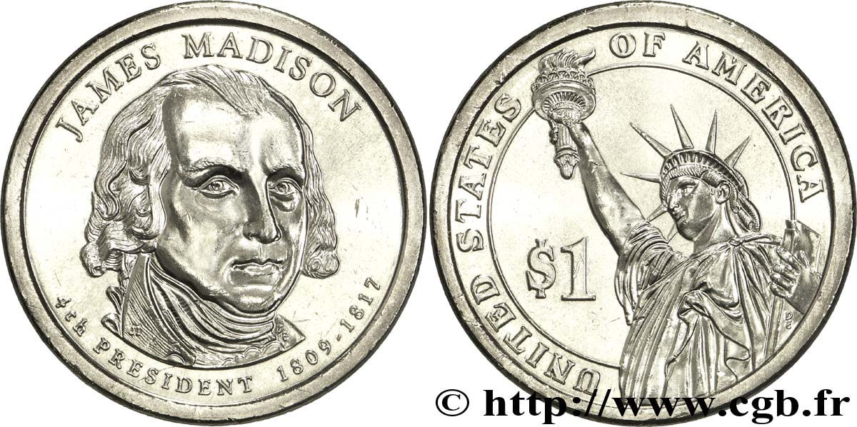 UNITED STATES OF AMERICA 1 Dollar Présidentiel James Madison / statue de la liberté type tranche A 2007 Philadelphie - P MS 