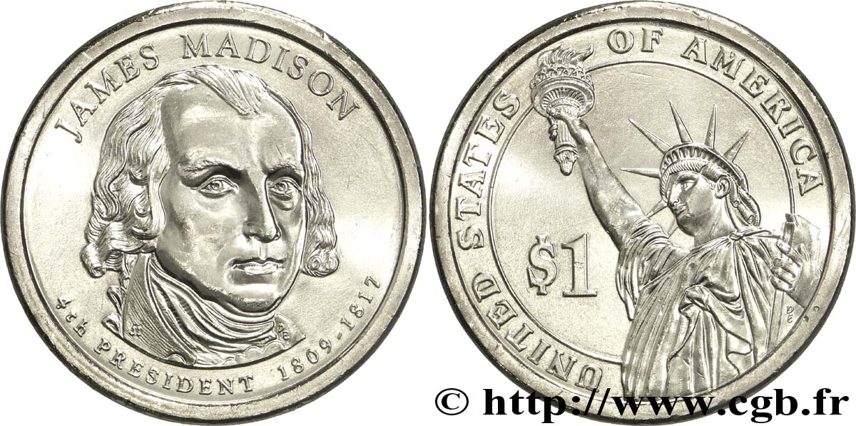 ÉTATS-UNIS D AMÉRIQUE 1 Dollar Présidentiel James Madison tranche B 2007 Philadelphie SPL 