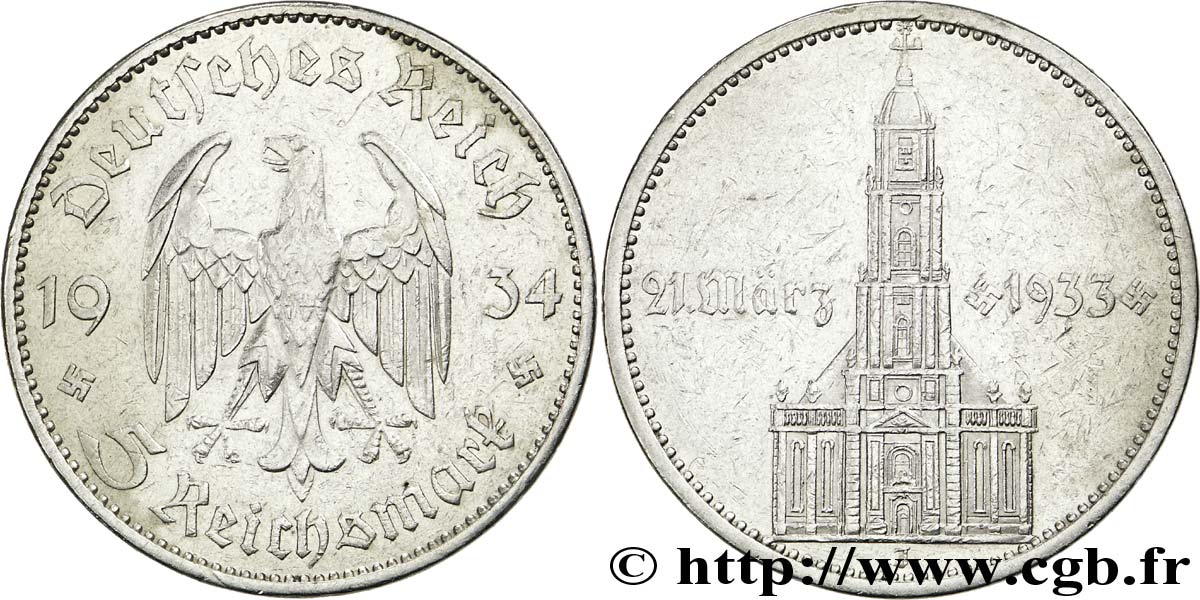 ALLEMAGNE 5 Reichsmark Commémoration du serment du 21 mars 1933 en l’église de la garnison de Potsdam 1934 Hambourg - J TTB 