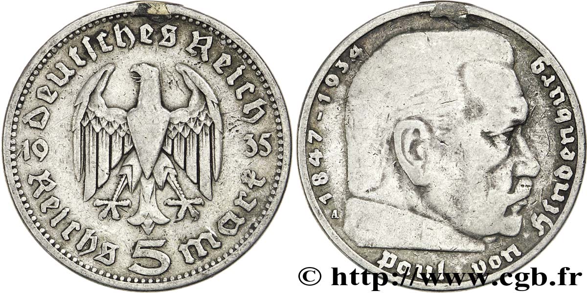 ALLEMAGNE 5 Reichsmark Aigle / Maréchal Paul von Hindenburg 1935 Berlin TB 