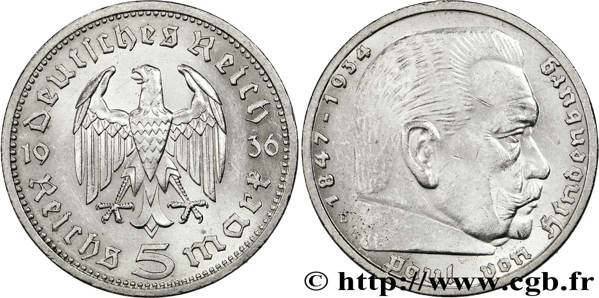 ALLEMAGNE 5 Reichsmark Maréchal Paul von Hindenburg 1936 Muldenhütten - E SUP 