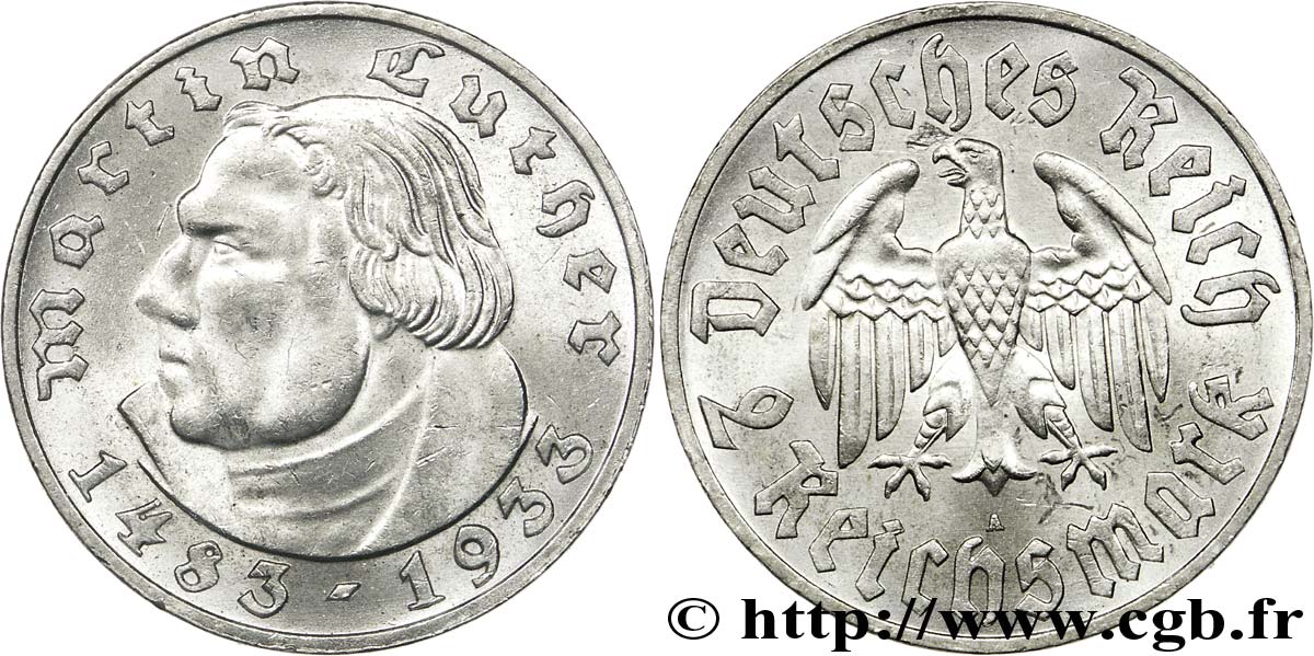 ALLEMAGNE 2 Reichsmark Martin Luther / aigle 1933 Berlin SUP 