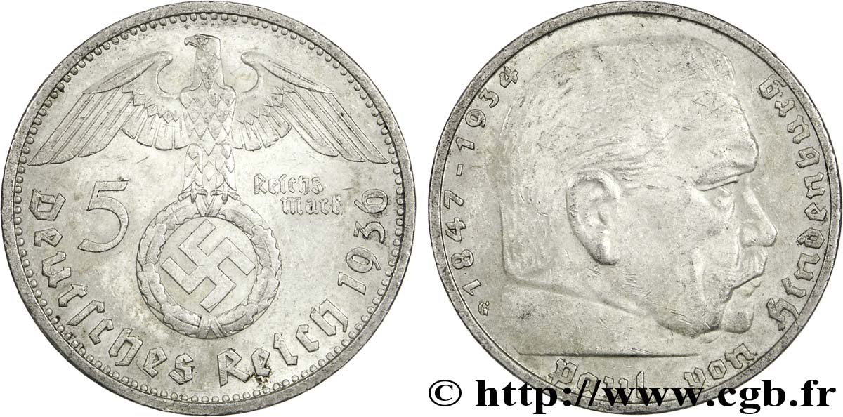 ALLEMAGNE 5 Reichsmark Maréchal Paul von Hindenburg 1936 Karlsruhe - G TTB 