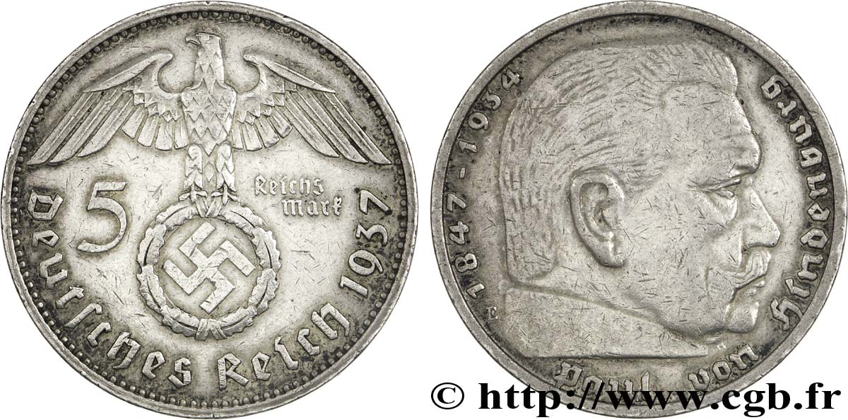 ALLEMAGNE 5 Reichsmark aigle surmontant une swastika / Maréchal Paul von Hindenburg 1937 Muldenhütten - E TTB 