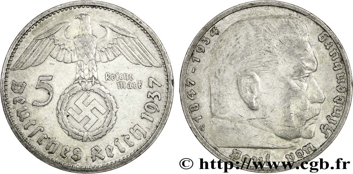 ALLEMAGNE 5 Reichsmark aigle surmontant une swastika / Maréchal Paul von Hindenburg 1937 Karlsruhe - G TTB 