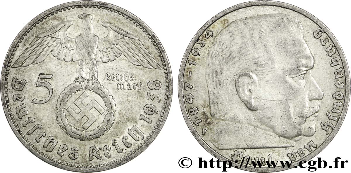 ALLEMAGNE 5 Reichsmark aigle surmontant une swastika / Maréchal Paul von Hindenburg 1938 Stuttgart - F TTB 