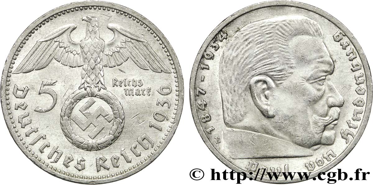 ALLEMAGNE 5 Reichsmark Maréchal Paul von Hindenburg 1936 Muldenhütten - E SUP 