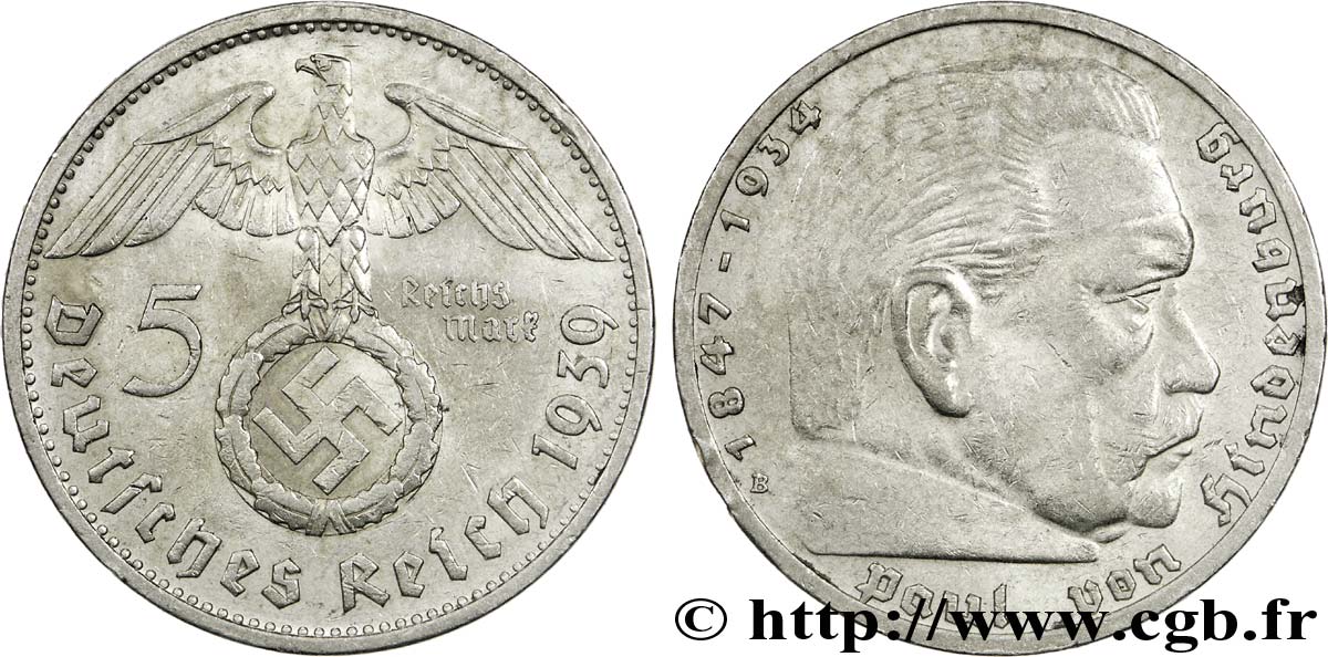 ALLEMAGNE 5 Reichsmark aigle surmontant une swastika / Maréchal Paul von Hindenburg 1939 Vienne - B TTB 