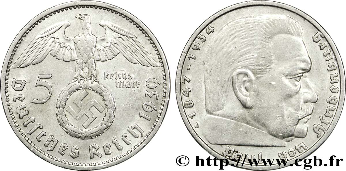 ALLEMAGNE 5 Reichsmark aigle surmontant une swastika / Maréchal Paul von Hindenburg 1939 Hambourg - J TTB 