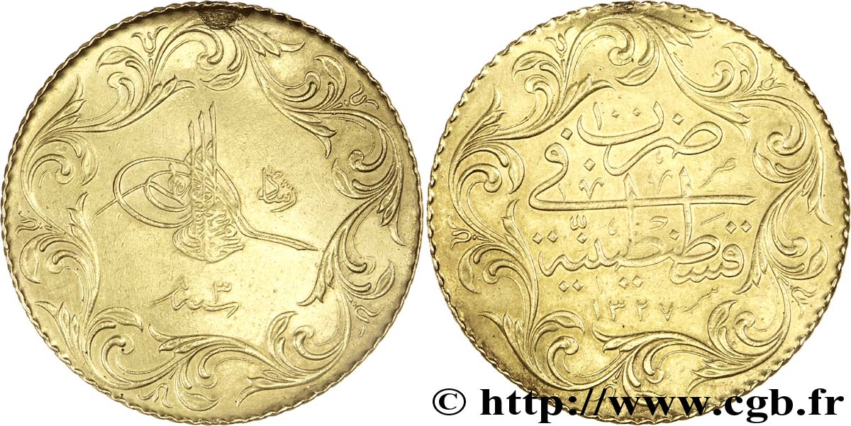 TURQUIE 100 Piastres or, pièce de luxe frappe au nom du Sultan Mohammed  V Resat 1909 Constantinople TTB 