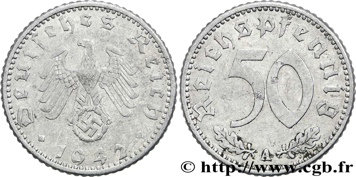 ALLEMAGNE 50 Reichspfennig aigle héraldique  sur swastika 1942 Berlin TB 