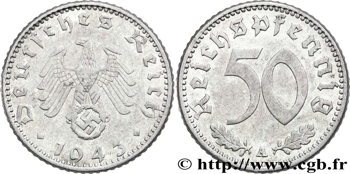 ALLEMAGNE 50 Reichspfennig aigle héraldique  sur swastika 1943 Berlin TTB 