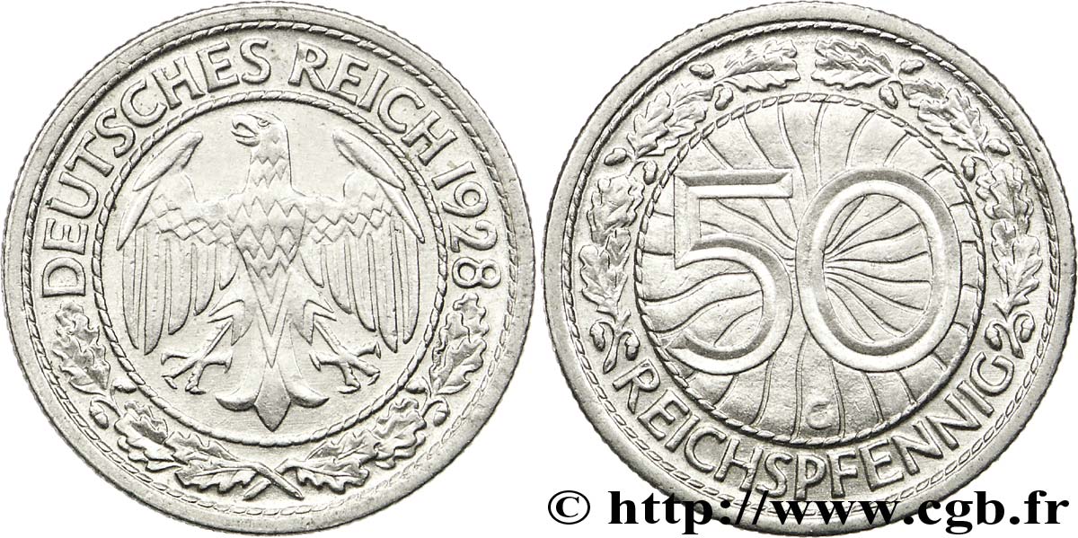 ALLEMAGNE 50 Reichspfennig aigle 1928 Karlsruhe - G SPL 