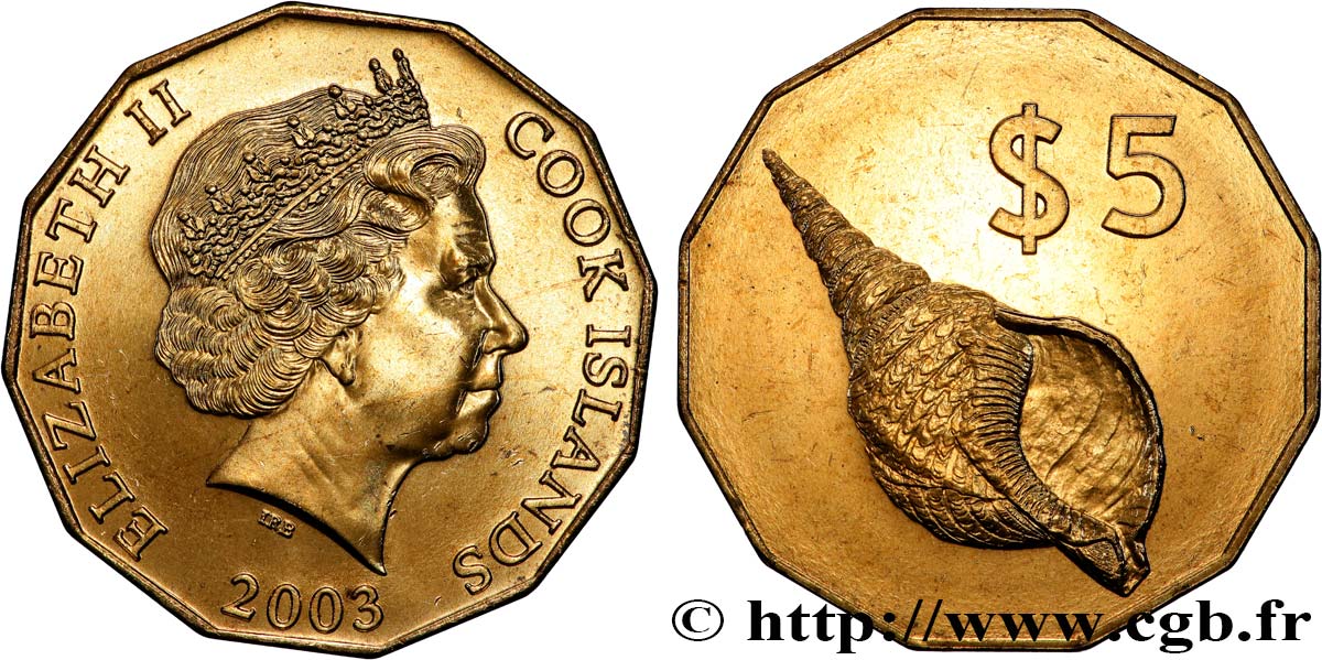 COOK INSELN 5 Dollars Elisabeth II / Coquillage 2003  fST 