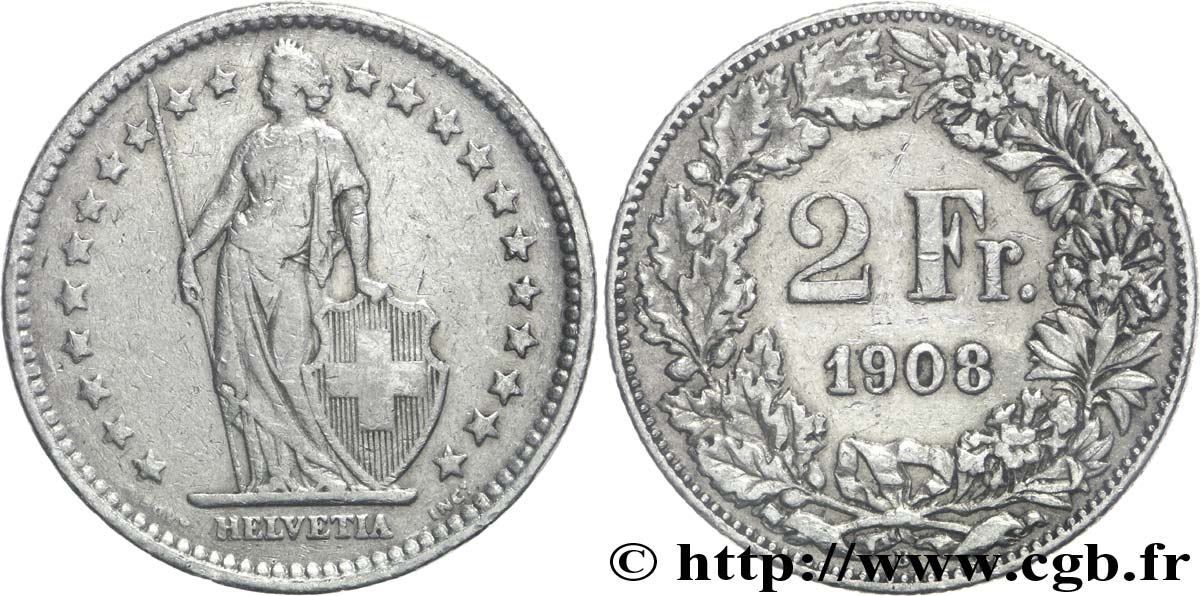 SUISSE 2 Francs Helvetia 1908 Berne - B TB 