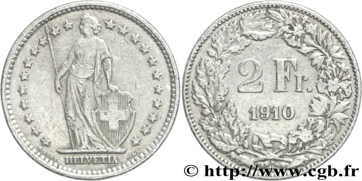 SUISSE 2 Francs Helvetia 1910 Berne - B TB+ 