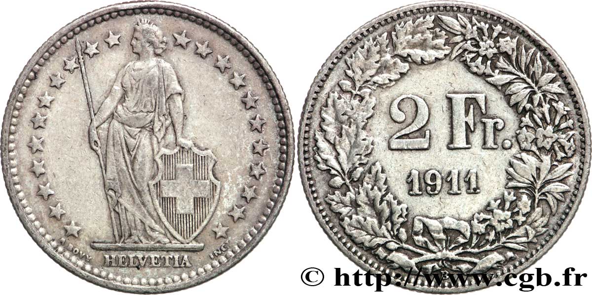 SUISSE 2 Francs Helvetia 1911 Berne - B TTB 
