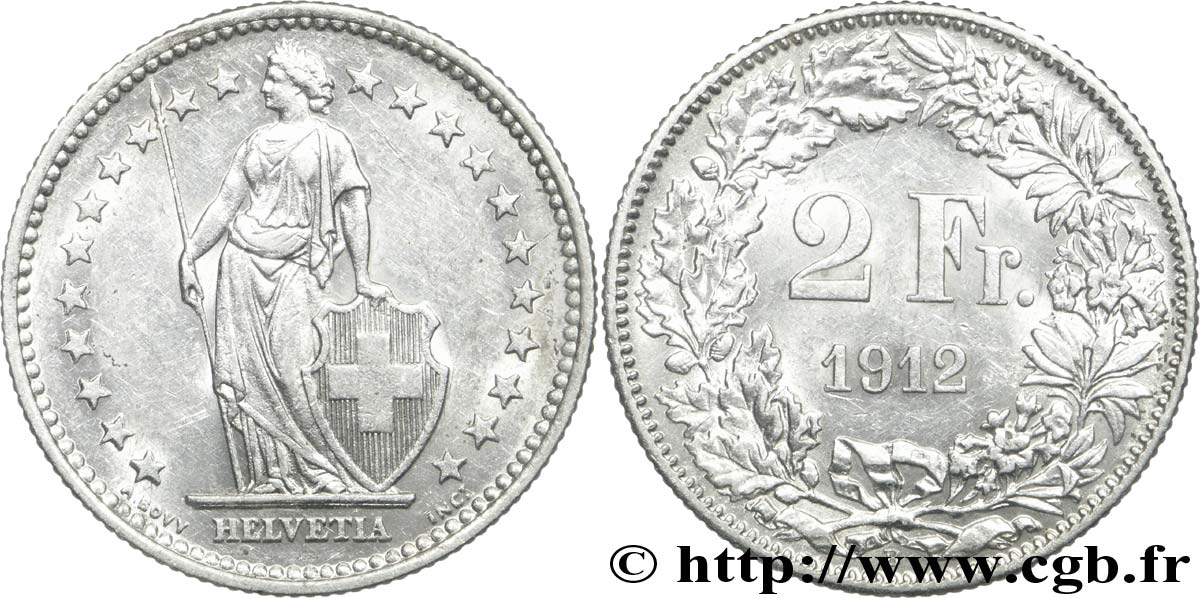 SUISSE 2 Francs Helvetia 1912 Berne - B SUP 