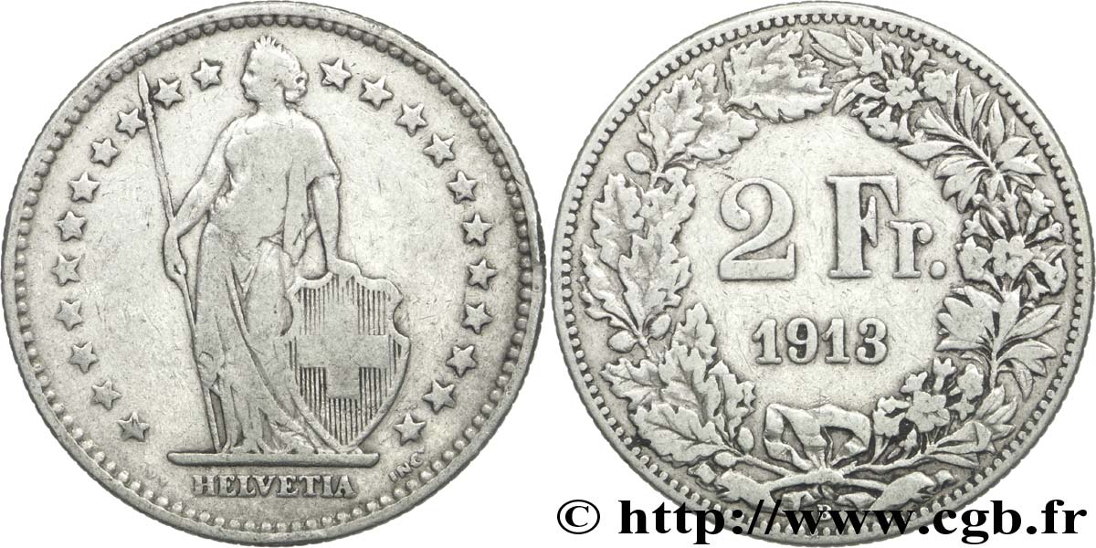 SUISSE 2 Francs Helvetia 1913 Berne - B TB 