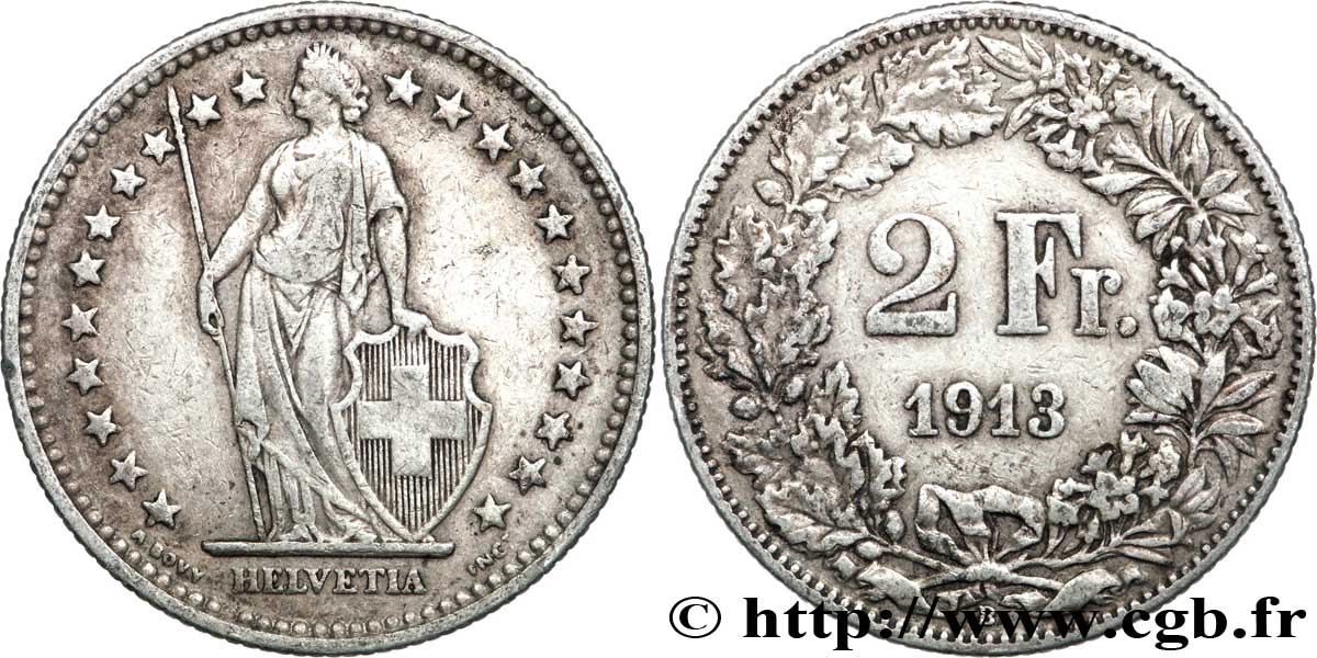 SUISSE 2 Francs Helvetia 1913 Berne - B TTB 