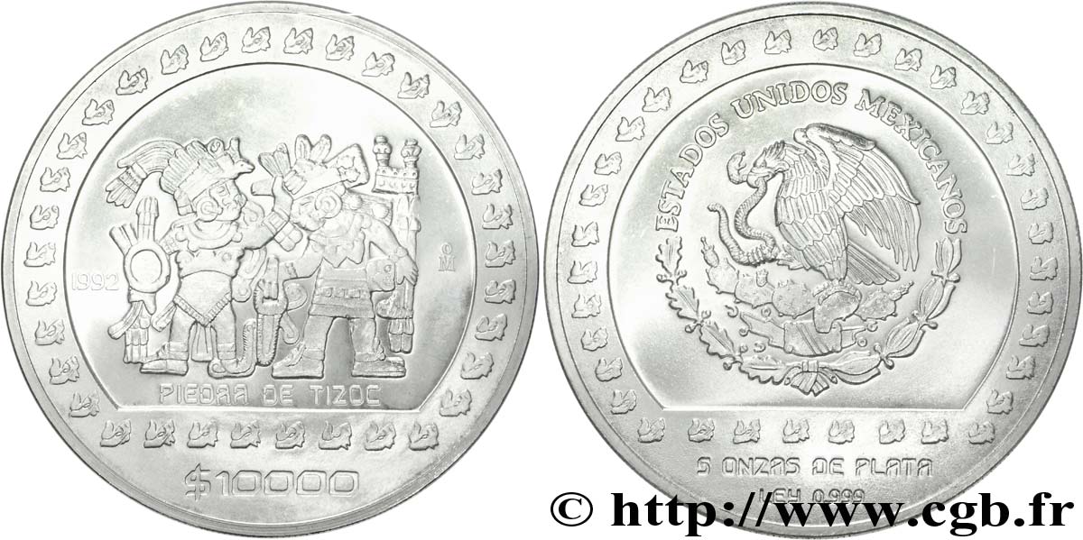 MEXIQUE 10000 Pesos (5 onces) aigle / scène tirée de la pierre de Tizoc (Mexico) 1992 Mexico SPL 