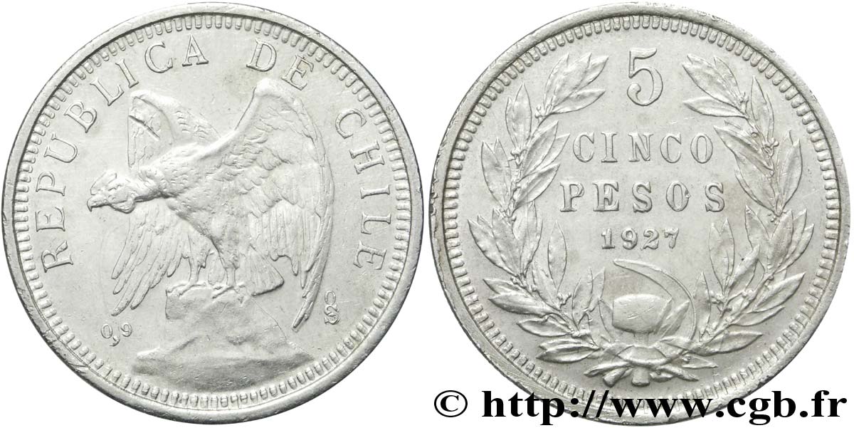 CHILI 5 Pesos condor variété au “5” large 1927 Santiago - S° SUP 