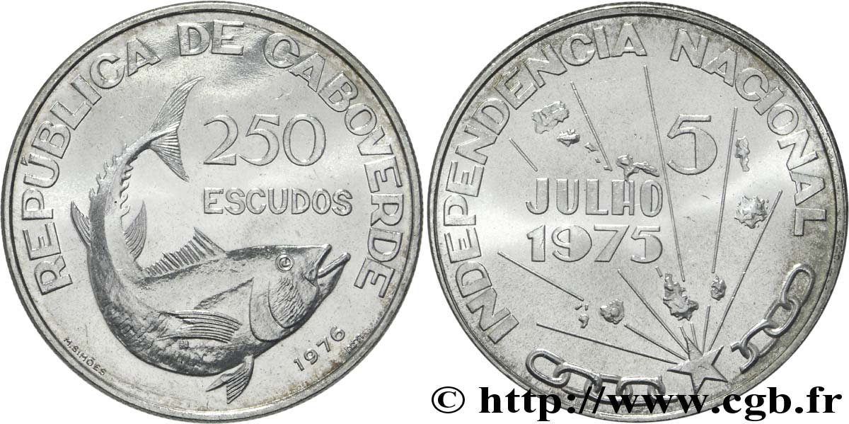 CAP VERT 250 Escudos 1er anniversaire de l’indépendance : poisson / carte de l’archipel 1976  SUP 