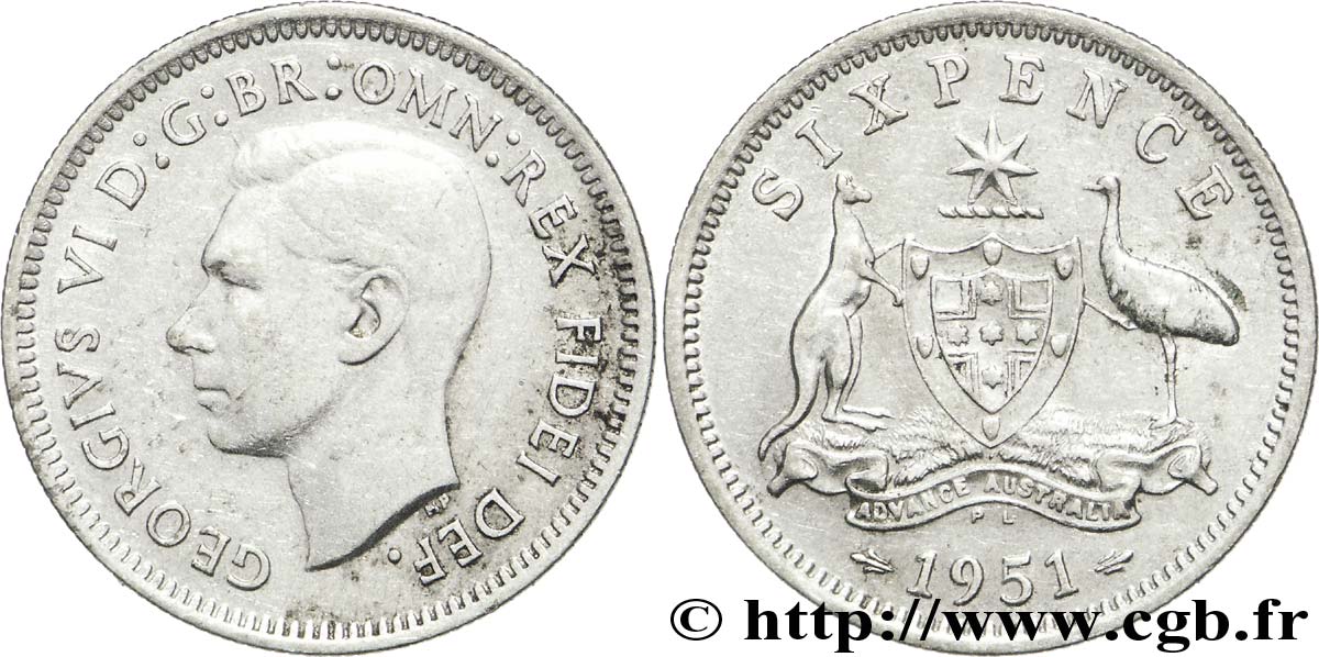 AUSTRALIE 6 Pence Georges VI / émeu et kangourou de part et d’autre d’un écu (initiales P L sous la devise) 1951 Londres - PL SUP 