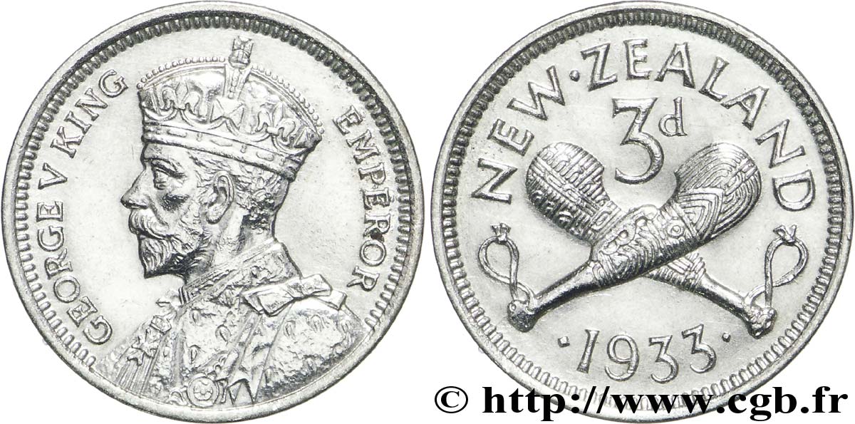NOUVELLE-ZÉLANDE 3 Pence Georges V 1933  TTB+ 