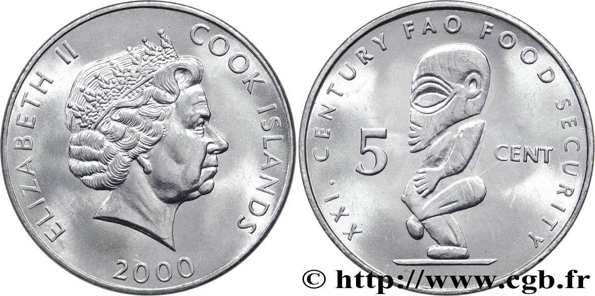 ÎLES COOK  5 Cents type FAO pour l’autosuffisance alimentaire au XXIe siècle : Elisabeth II / statue de Tangoroa 2000  SPL 