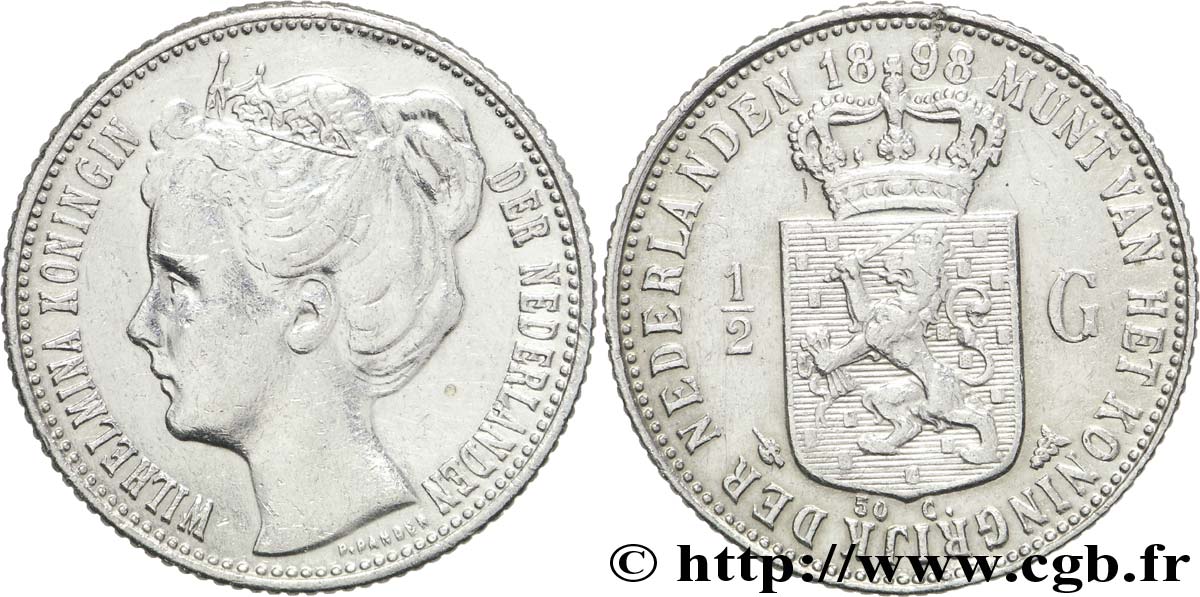 PAYS-BAS 1/2 Gulden Reine Wilhelmina 1898 Utrecht TTB+ 