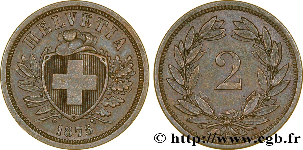 SUISSE 2 Centimes (Rappen) croix suisse 1875 Berne - B SUP 