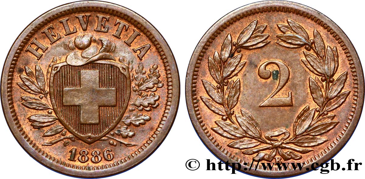 SUISSE 2 Centimes (Rappen) croix suisse 1886 Berne - B SUP 
