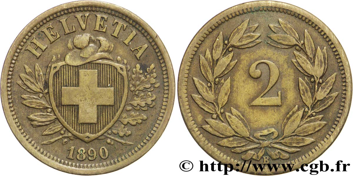 SUISSE 2 Centimes (Rappen) croix suisse 1890 Berne - B TTB+ 